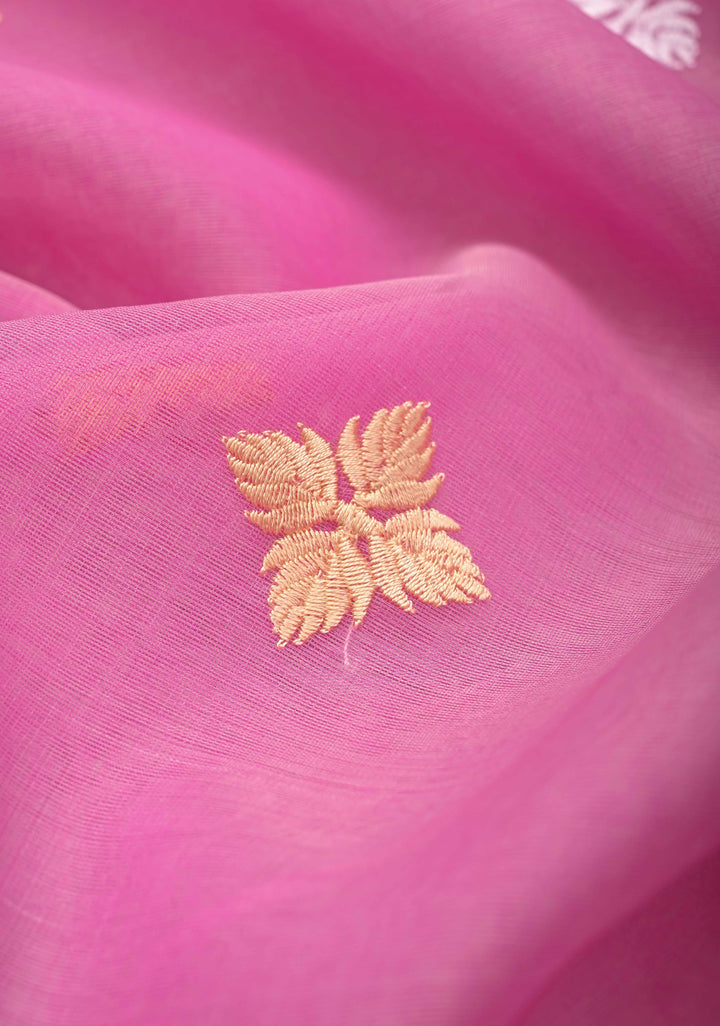 Rose Pink Bengal Cotton Muslin Saree with Jamdhani Style Butta,Border and long tassels