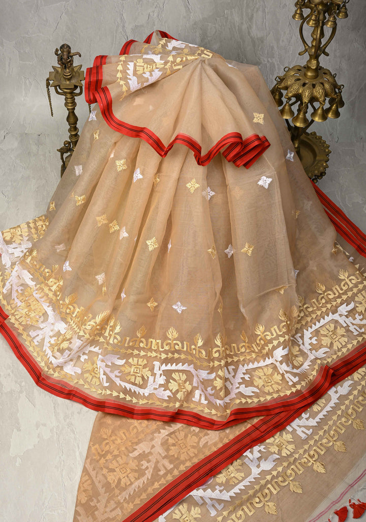 Light Brown Bengal Cotton Muslin Saree with Jamdhani Style Butta,Border and long tassels