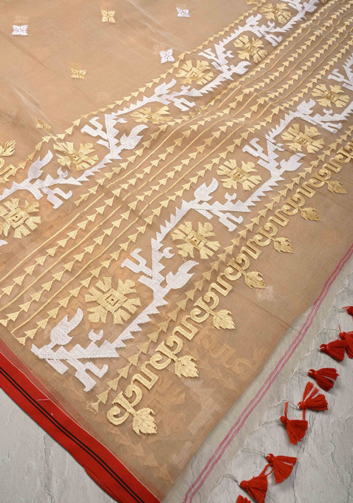 Light Brown Bengal Cotton Muslin Saree with Jamdhani Style Butta,Border and long tassels