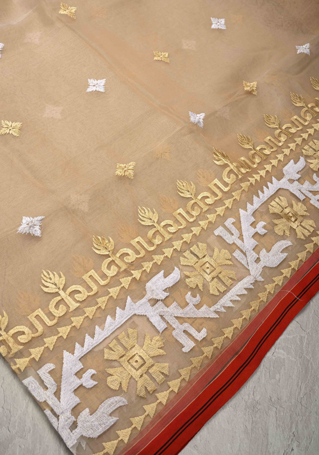 Light Brown Bengal Cotton Muslin Saree with Jamdhani Style Butta,Border and long tassels