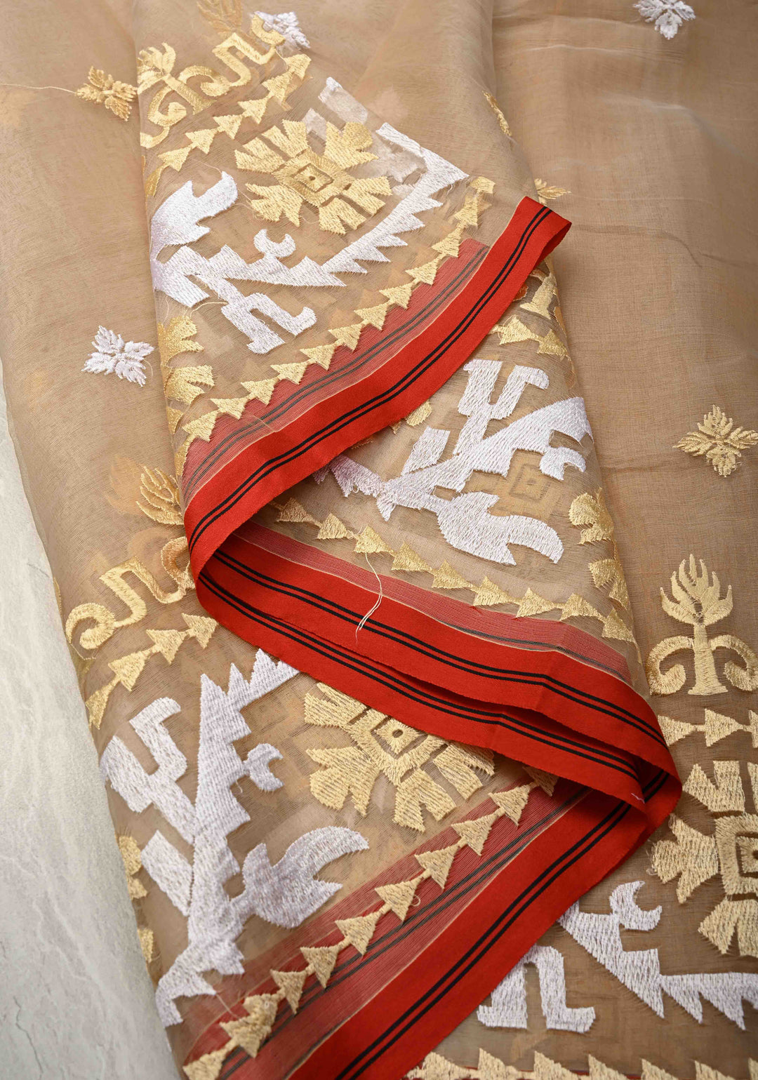 Light Brown Bengal Cotton Muslin Saree with Jamdhani Style Butta,Border and long tassels