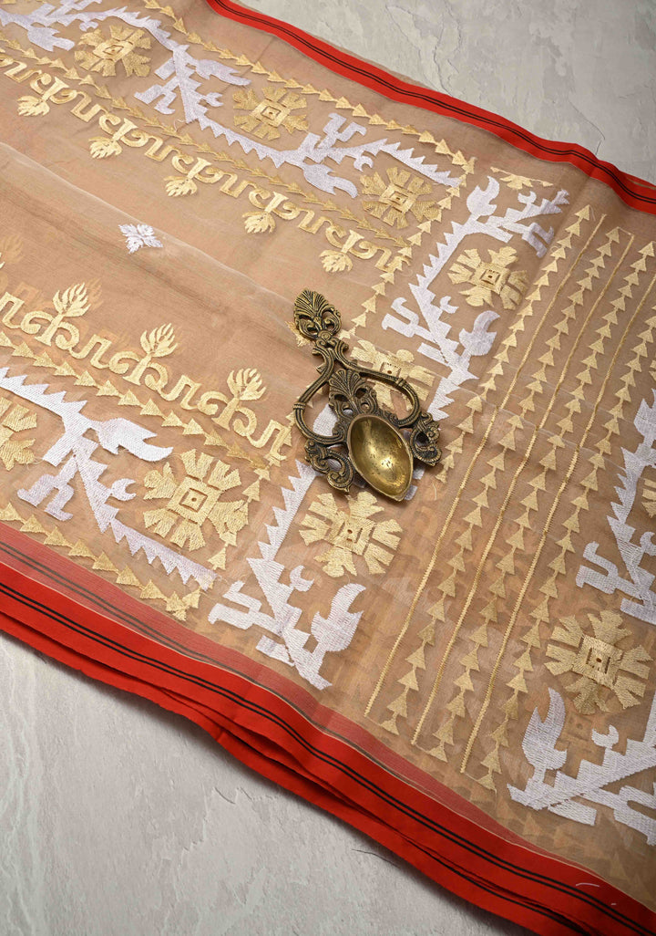 Light Brown Bengal Cotton Muslin Saree with Jamdhani Style Butta,Border and long tassels