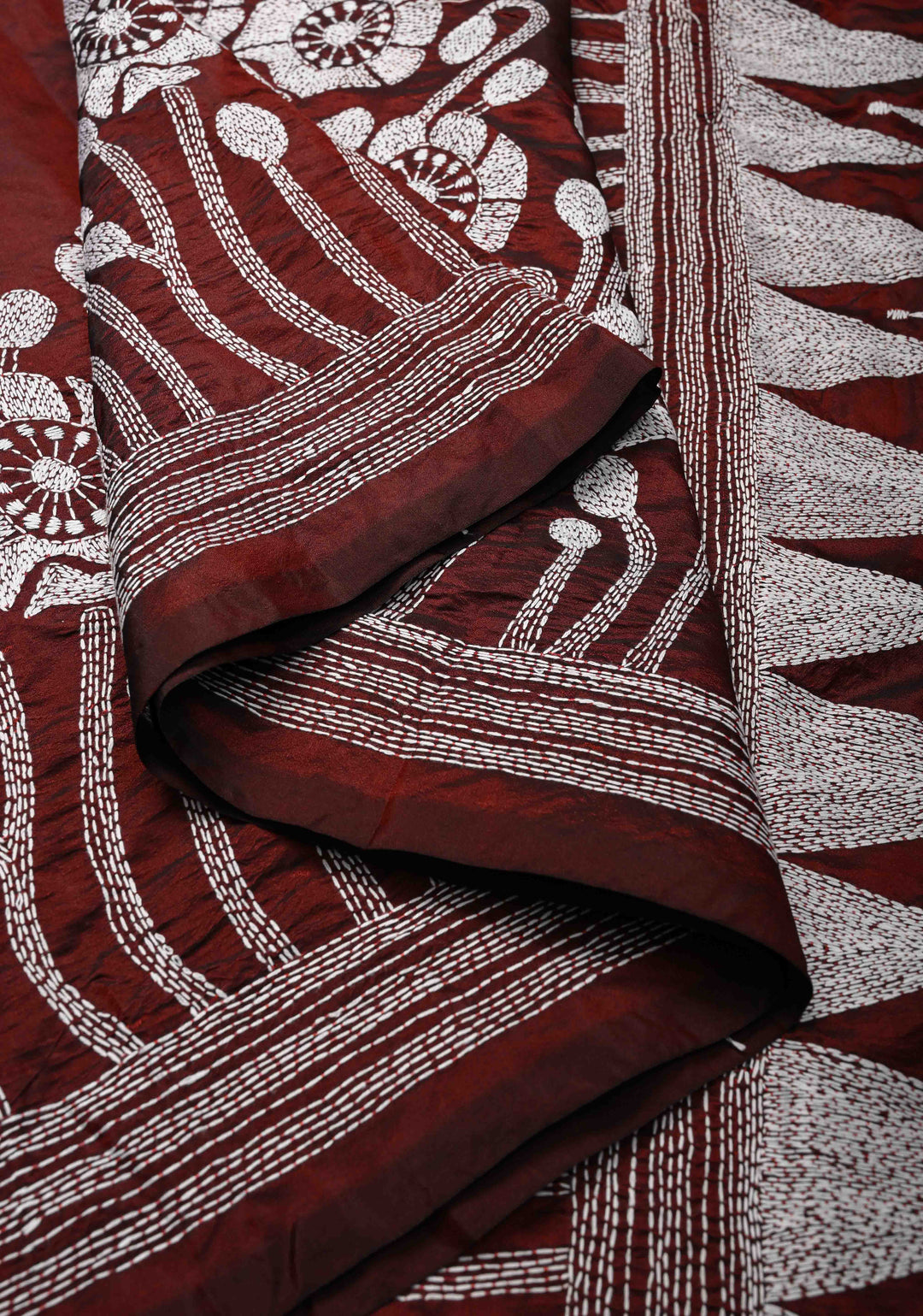 Maroon Art Silk Saree with Kantha Hand Embroidery Design