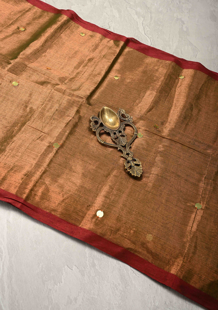 Brown Dual Tone Tissue by Tissue Saree with Tikki Work and Long Tassels