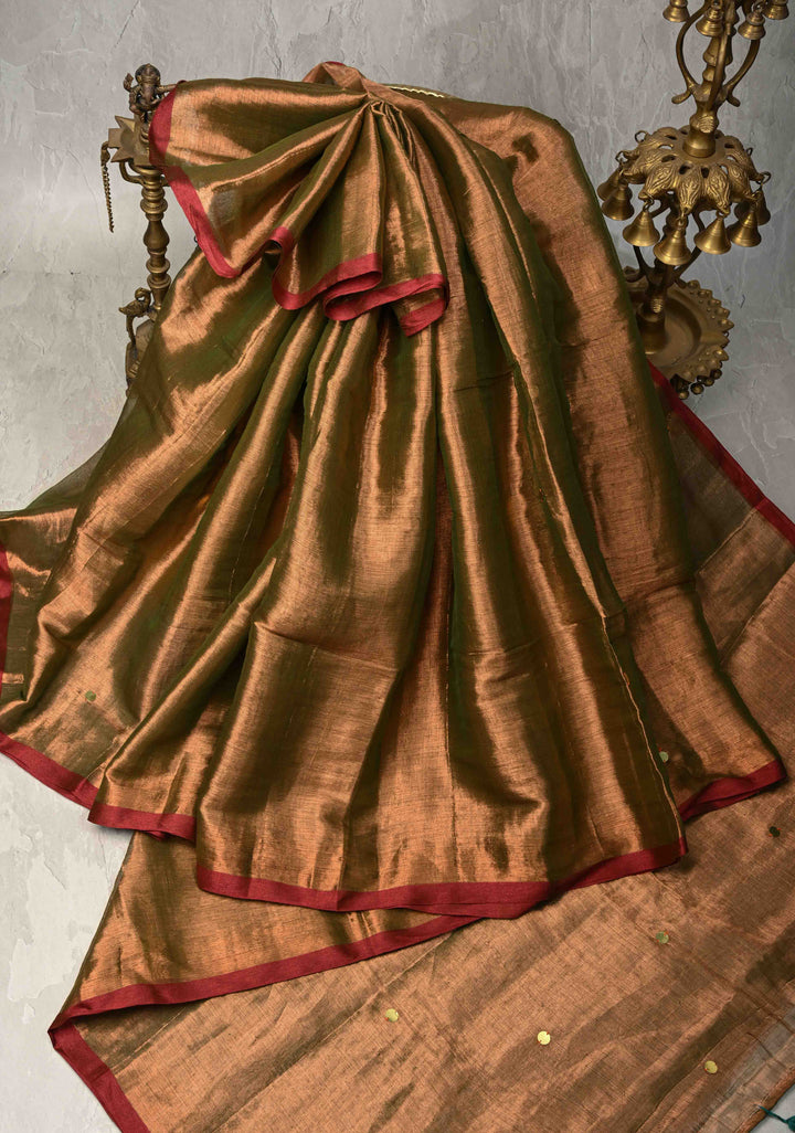 Brown Dual Tone Tissue by Tissue Saree with Tikki Work and Long Tassels