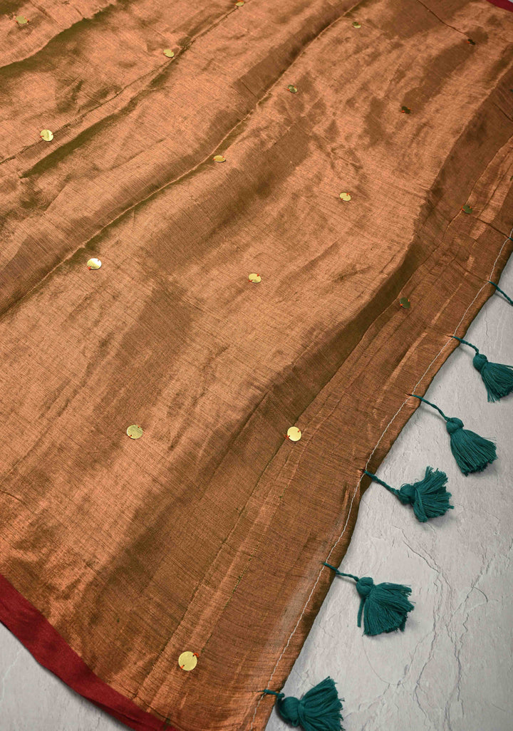 Brown Dual Tone Tissue by Tissue Saree with Tikki Work and Long Tassels