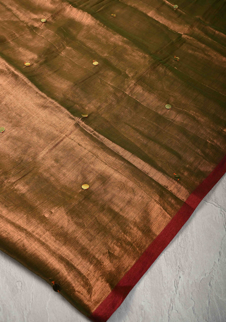 Brown Dual Tone Tissue by Tissue Saree with Tikki Work and Long Tassels
