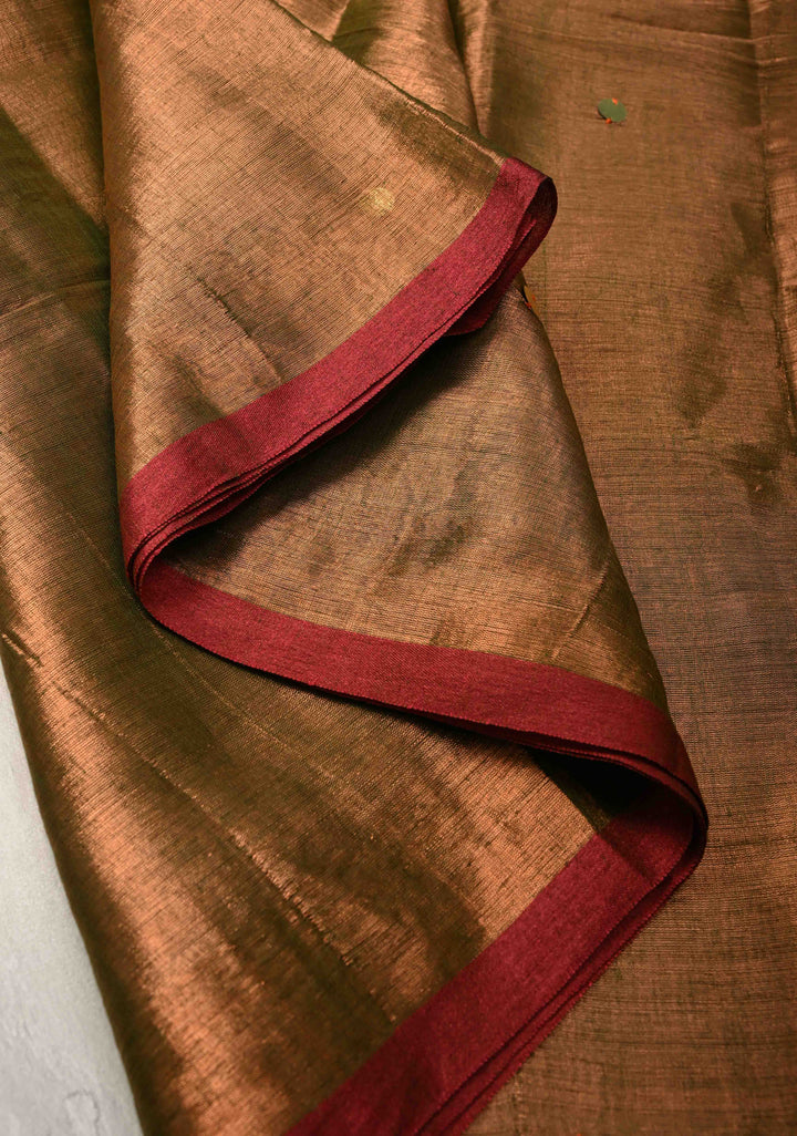 Brown Dual Tone Tissue by Tissue Saree with Tikki Work and Long Tassels