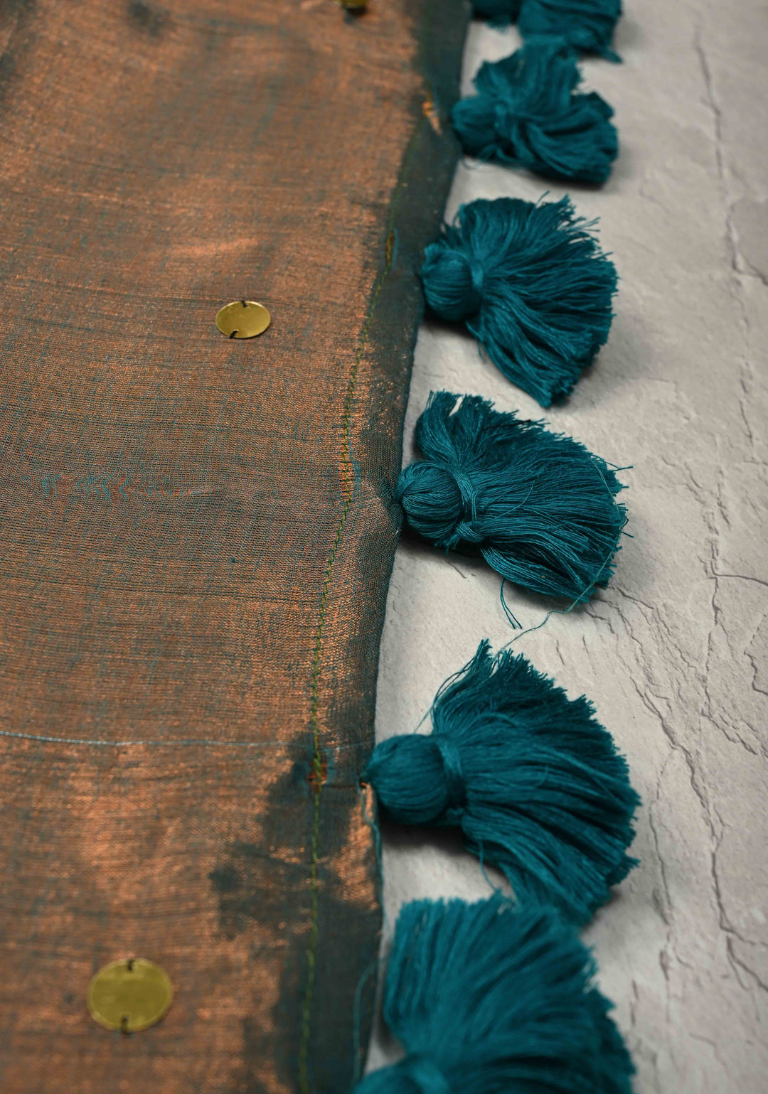 Copper-Teal Tissue by Tissue Saree with Tikki Work and Tassels , No Blouse Peice