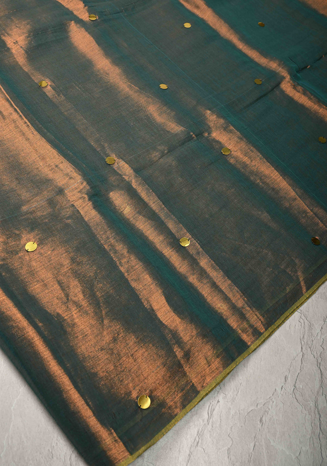 Copper-Teal Tissue by Tissue Saree with Tikki Work and Tassels , No Blouse Peice