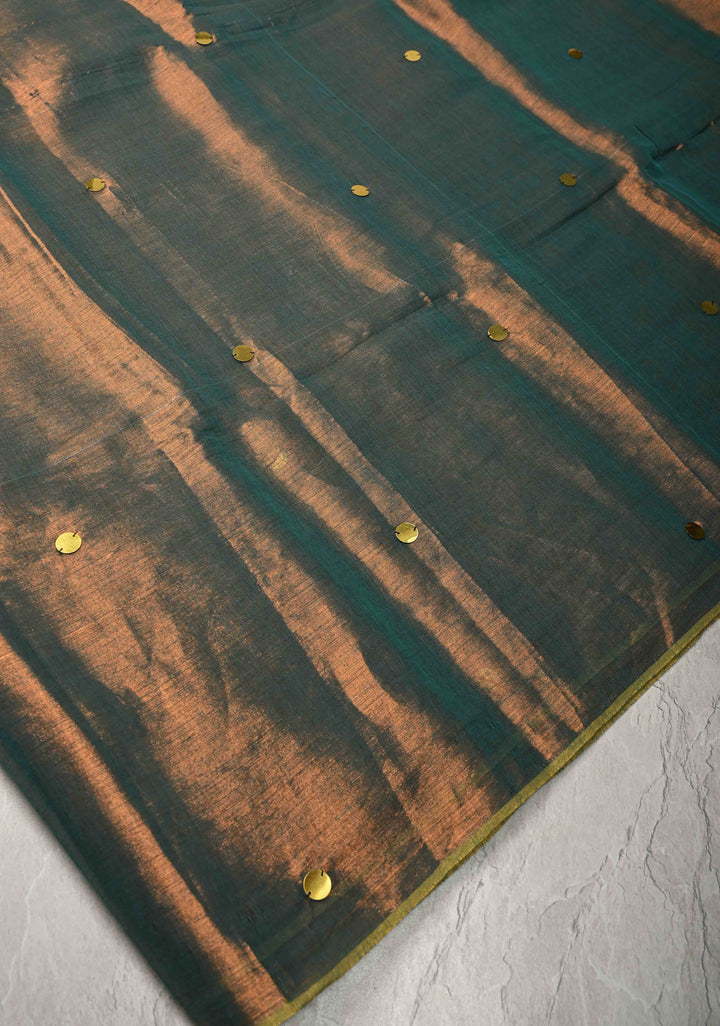 Copper-Teal Tissue by Tissue Saree with Tikki Work and Tassels , No Blouse Peice