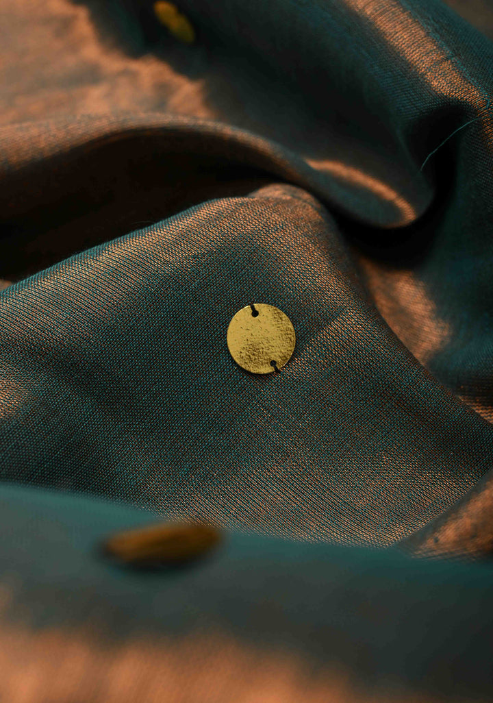 Copper-Teal Tissue by Tissue Saree with Tikki Work and Tassels , No Blouse Peice