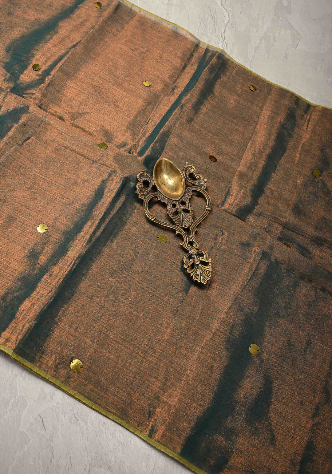 Copper-Teal Tissue by Tissue Saree with Tikki Work and Tassels , No Blouse Peice