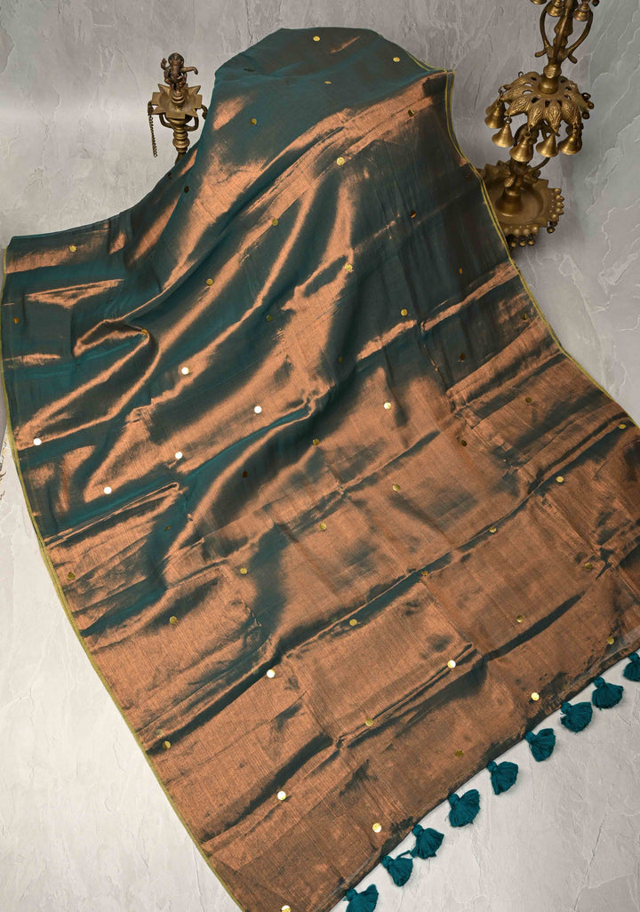 Copper-Teal Tissue by Tissue Saree with Tikki Work and Tassels , No Blouse Peice