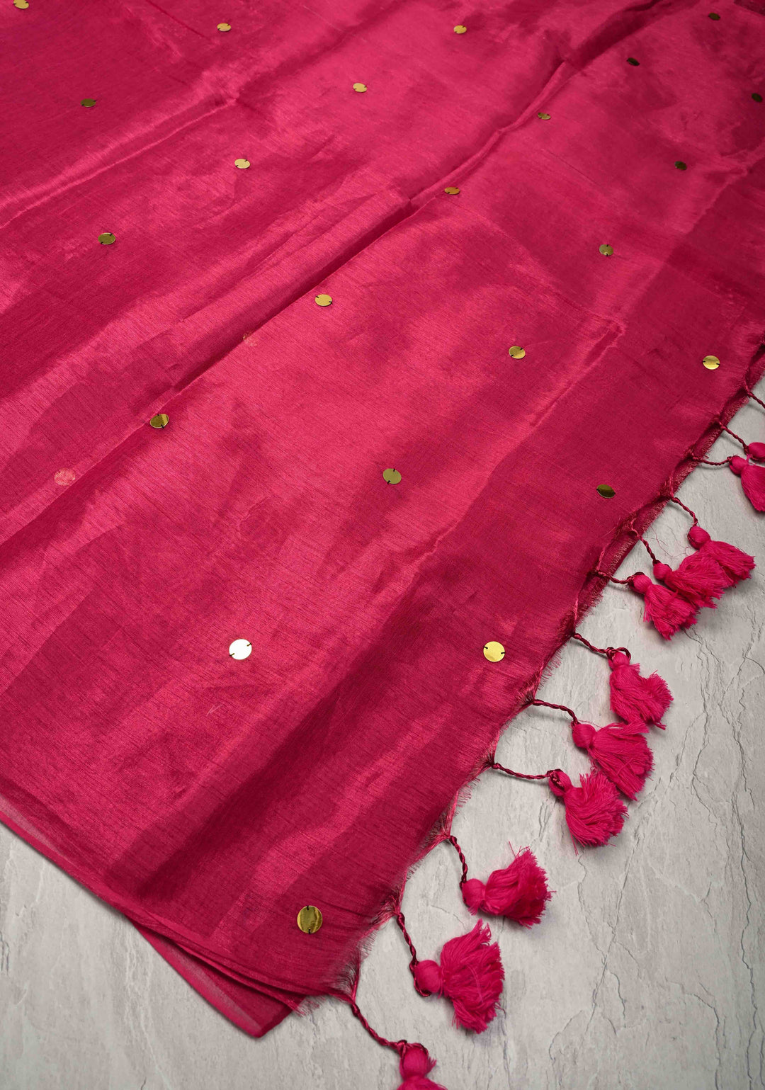 Rani Pink Cotton Organza saree With Tikki work and Long Tassels