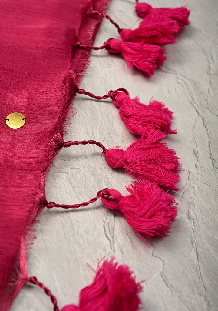 Rani Pink Cotton Organza saree With Tikki work and Long Tassels