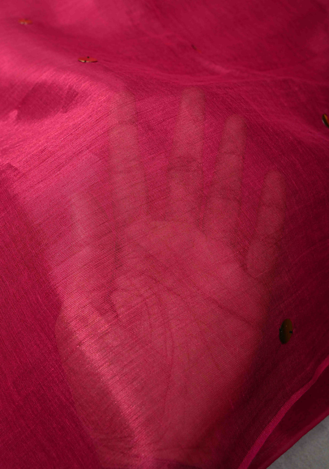 Rani Pink Cotton Organza saree With Tikki work and Long Tassels