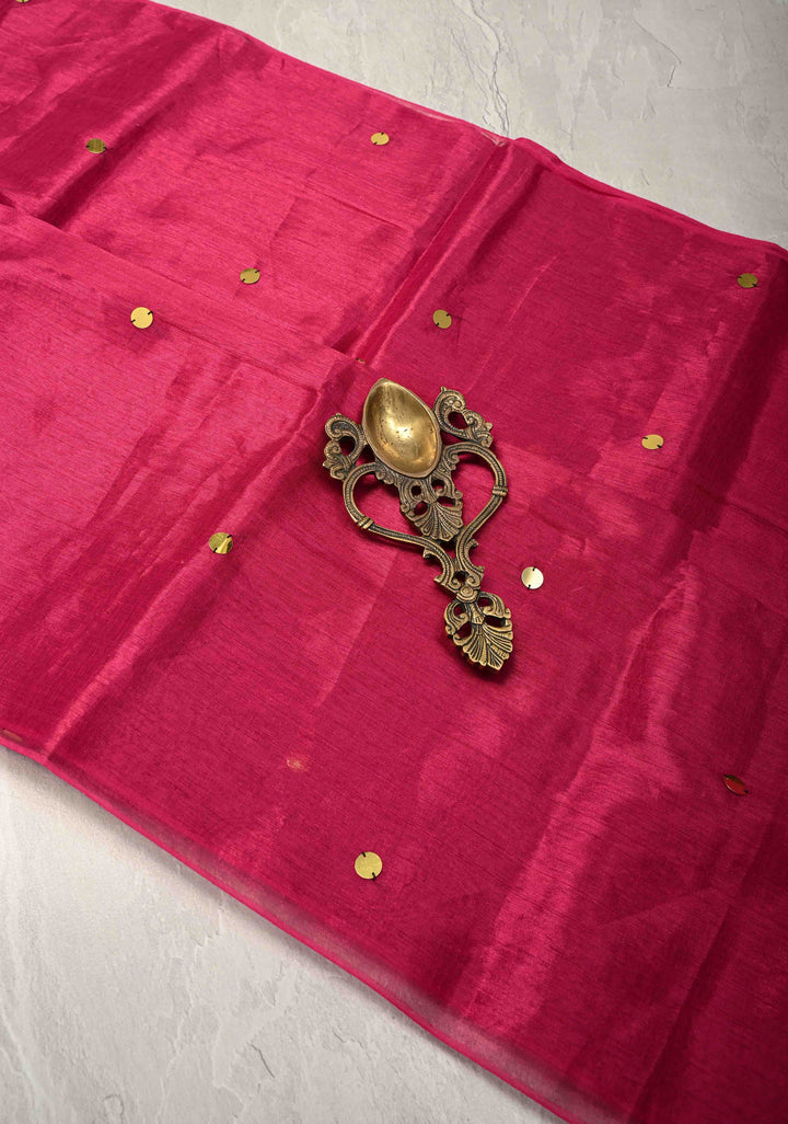 Rani Pink Cotton Organza saree With Tikki work and Long Tassels