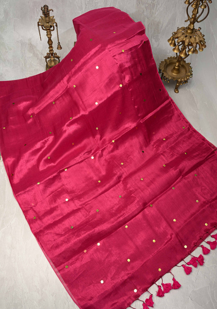 Rani Pink Cotton Organza saree With Tikki work and Long Tassels