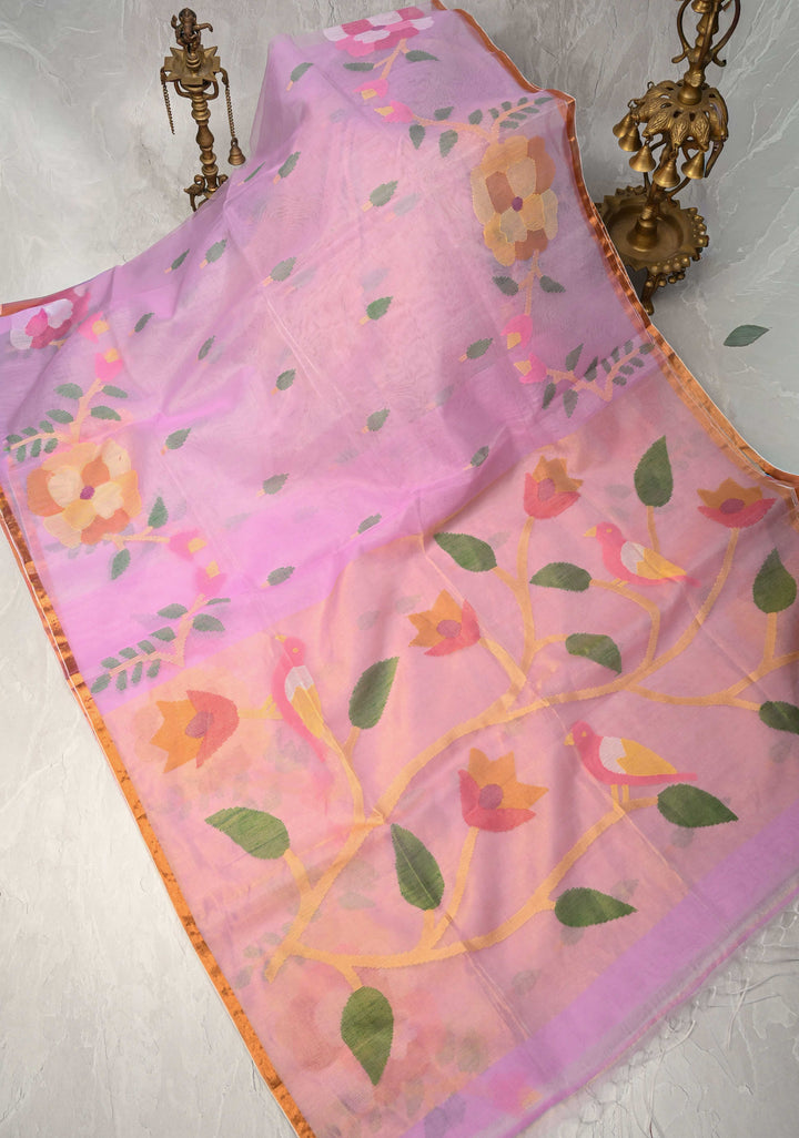 Lavender Blush  Mercedized Cotton Tissue Muslin Saree with Hand Jamdani Work and Minimal Tissue Border