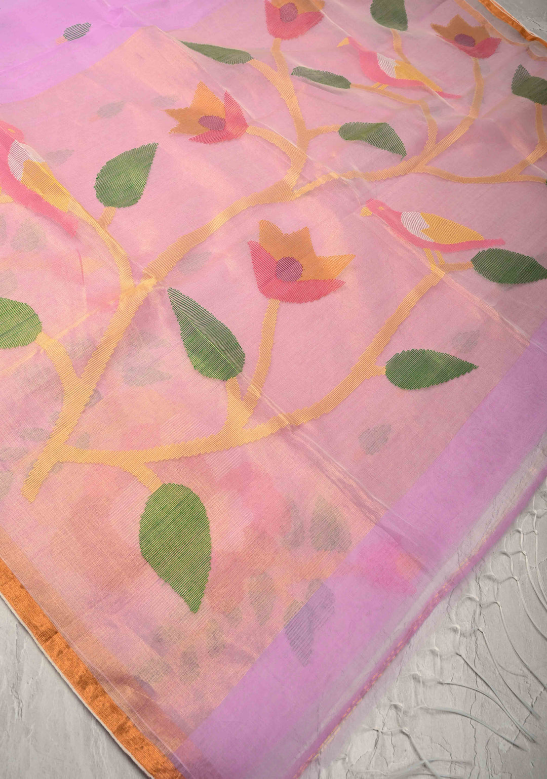 Lavender Blush  Mercedized Cotton Tissue Muslin Saree with Hand Jamdani Work and Minimal Tissue Border