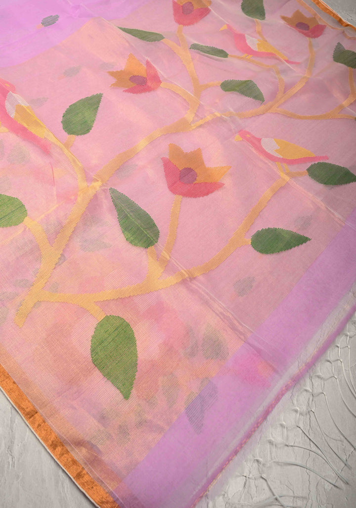 Lavender Blush  Mercedized Cotton Tissue Muslin Saree with Hand Jamdani Work and Minimal Tissue Border