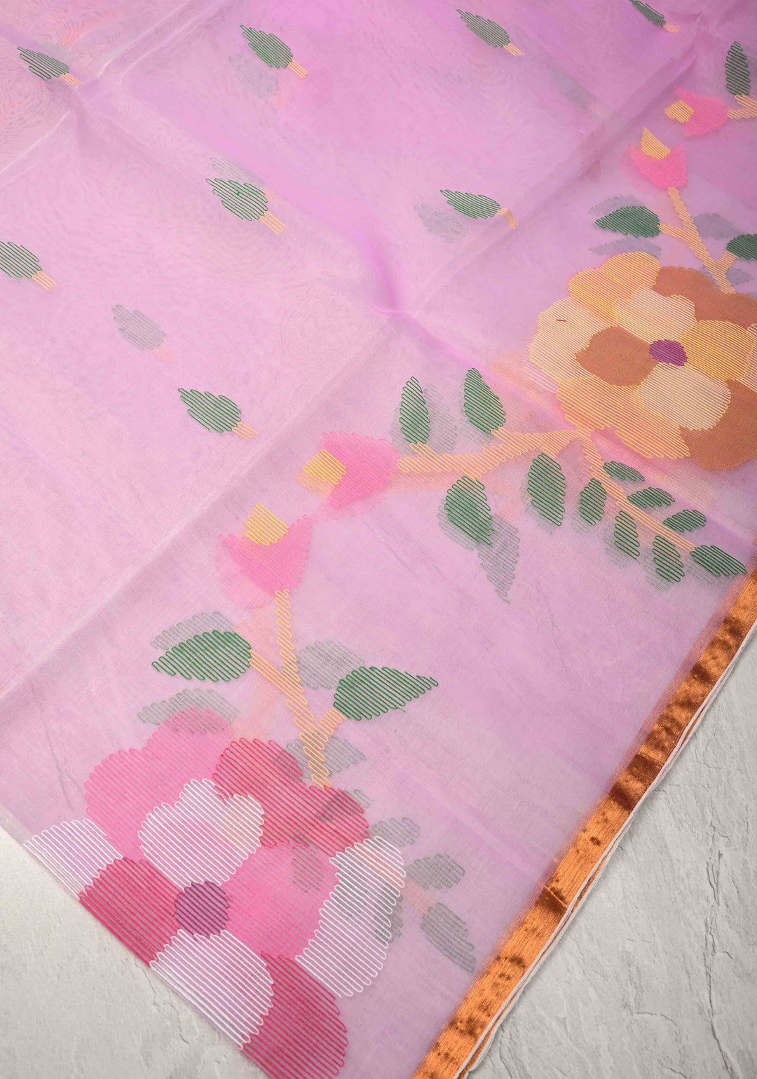 Lavender Blush  Mercedized Cotton Tissue Muslin Saree with Hand Jamdani Work and Minimal Tissue Border