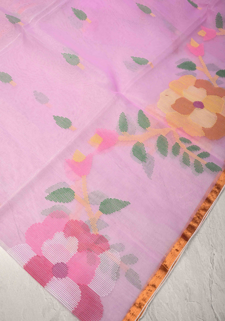 Lavender Blush  Mercedized Cotton Tissue Muslin Saree with Hand Jamdani Work and Minimal Tissue Border