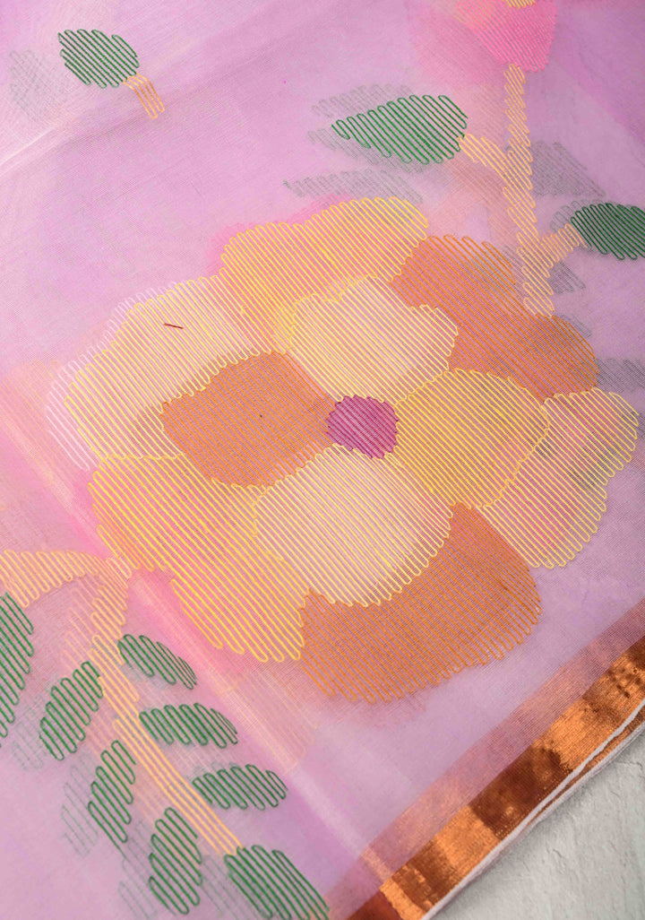 Lavender Blush  Mercedized Cotton Tissue Muslin Saree with Hand Jamdani Work and Minimal Tissue Border