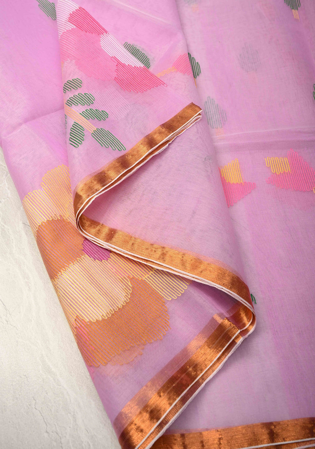 Lavender Blush  Mercedized Cotton Tissue Muslin Saree with Hand Jamdani Work and Minimal Tissue Border