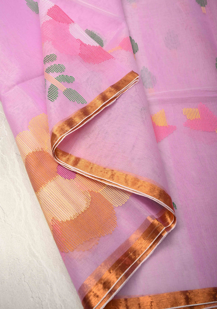 Lavender Blush  Mercedized Cotton Tissue Muslin Saree with Hand Jamdani Work and Minimal Tissue Border