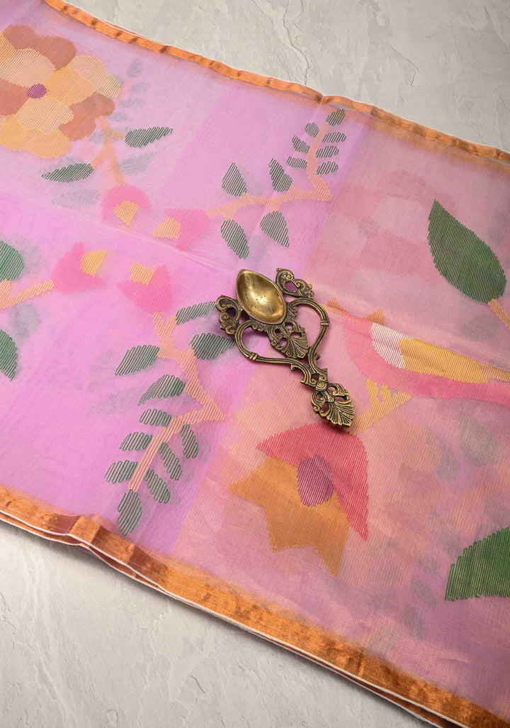 Lavender Blush  Mercedized Cotton Tissue Muslin Saree with Hand Jamdani Work and Minimal Tissue Border