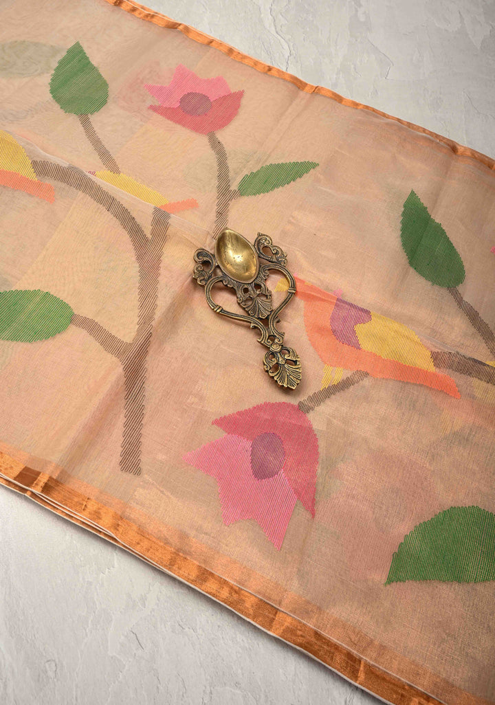 Beige Mercedized Cotton Tissue Saree with hand Jamdhani Work and long tassels