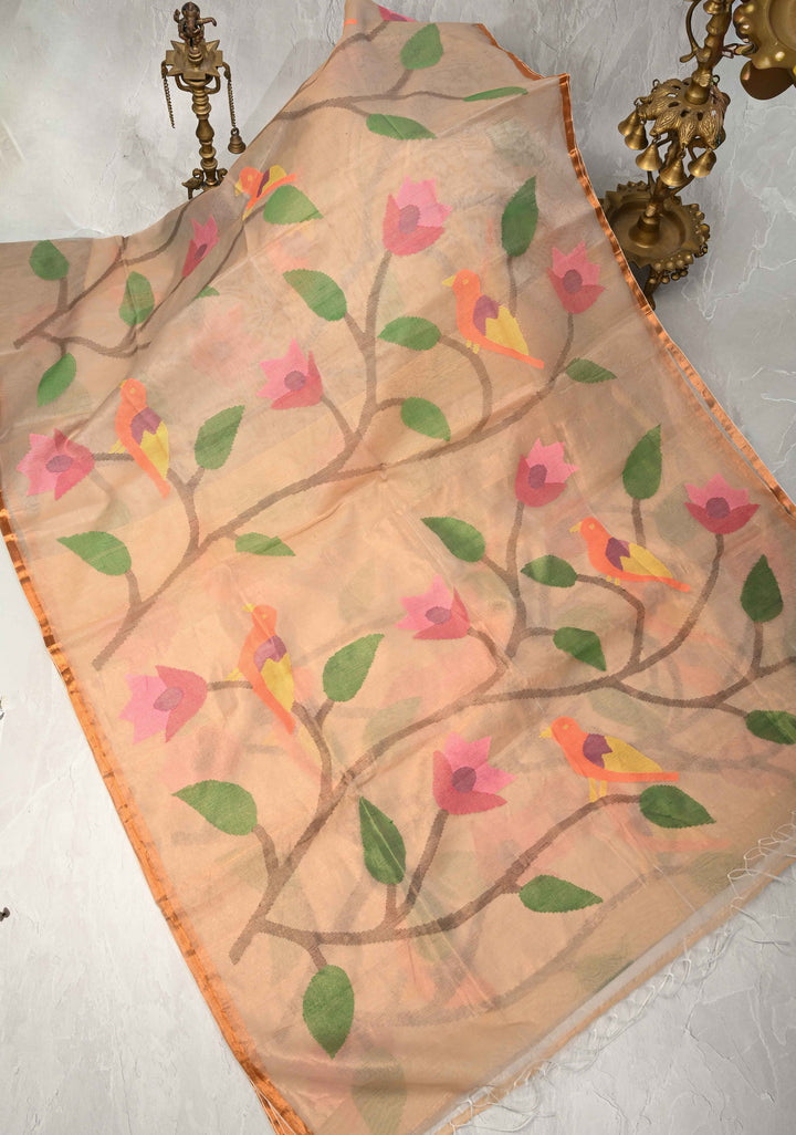 Beige Mercedized Cotton Tissue Saree with hand Jamdhani Work and long tassels