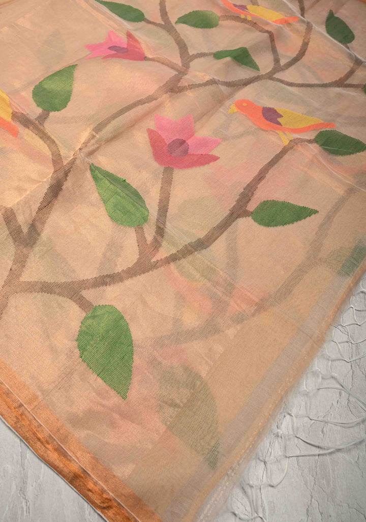 Beige Mercedized Cotton Tissue Saree with hand Jamdhani Work and long tassels