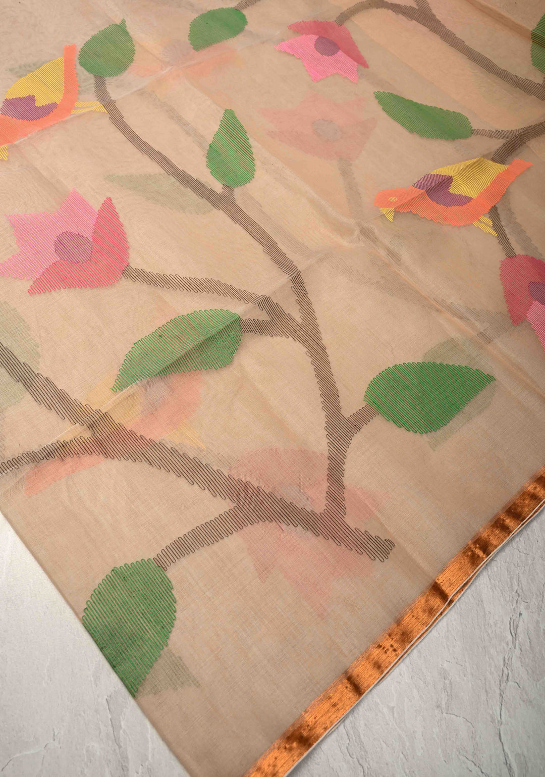 Beige Mercedized Cotton Tissue Saree with hand Jamdhani Work and long tassels