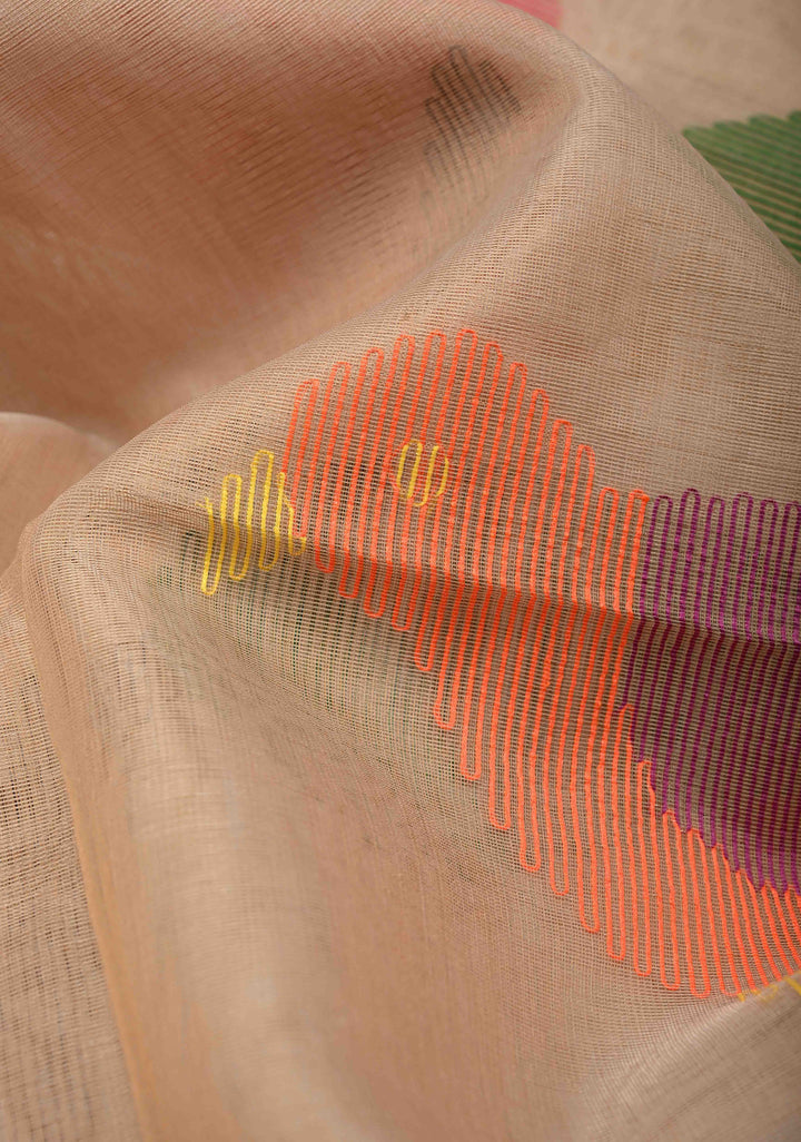 Beige Mercedized Cotton Tissue Saree with hand Jamdhani Work and long tassels