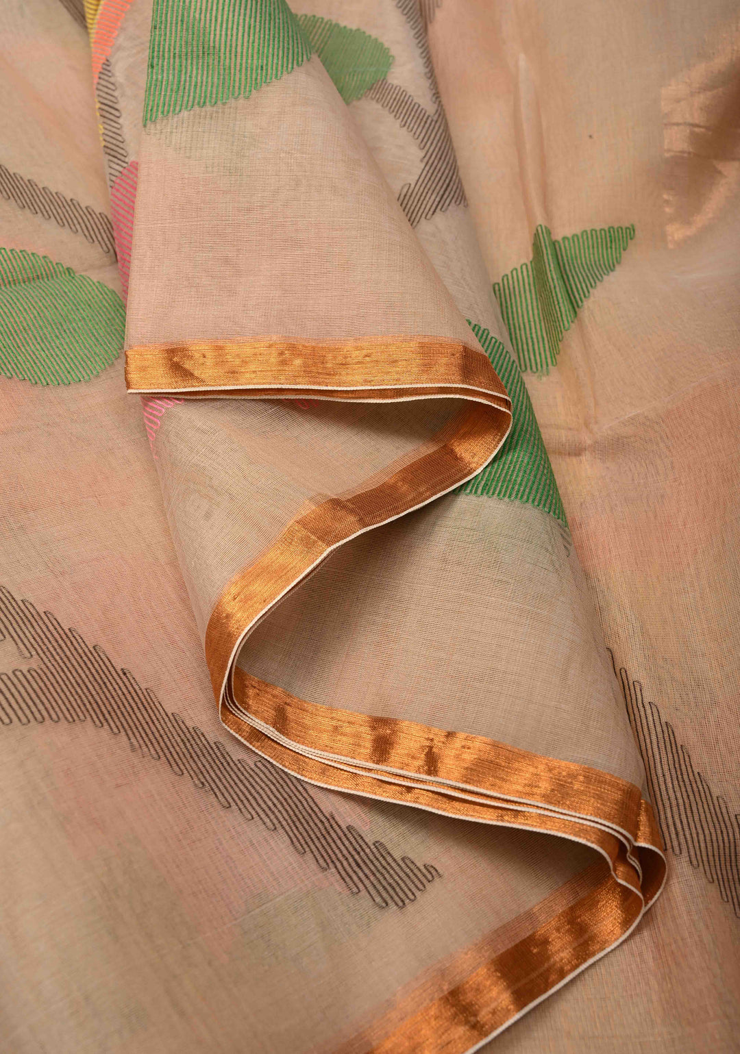 Beige Mercedized Cotton Tissue Saree with hand Jamdhani Work and long tassels