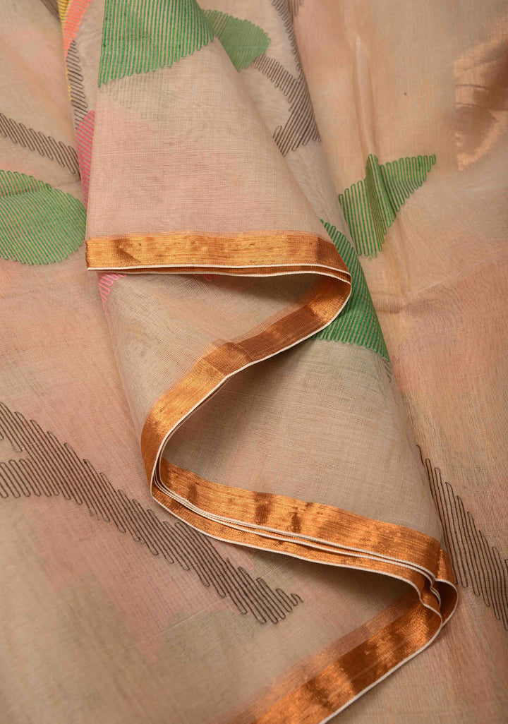 Beige Mercedized Cotton Tissue Saree with hand Jamdhani Work and long tassels