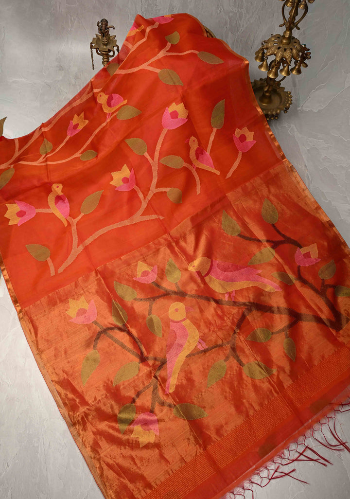Orange Muslin Saree with Hand Meenakari Jamdani Work and Paithani Style Pallu