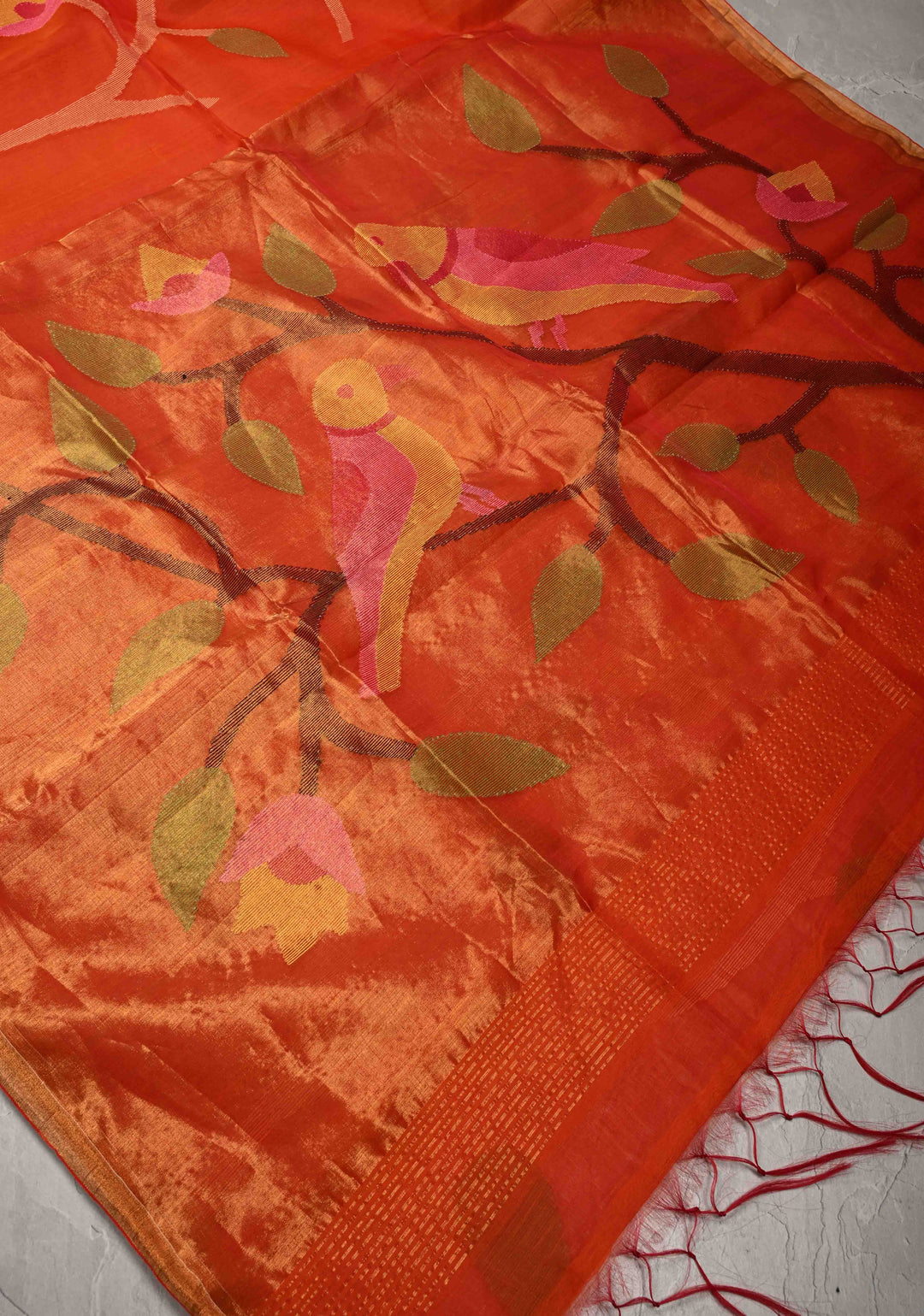 Orange Muslin Saree with Hand Meenakari Jamdani Work and Paithani Style Pallu