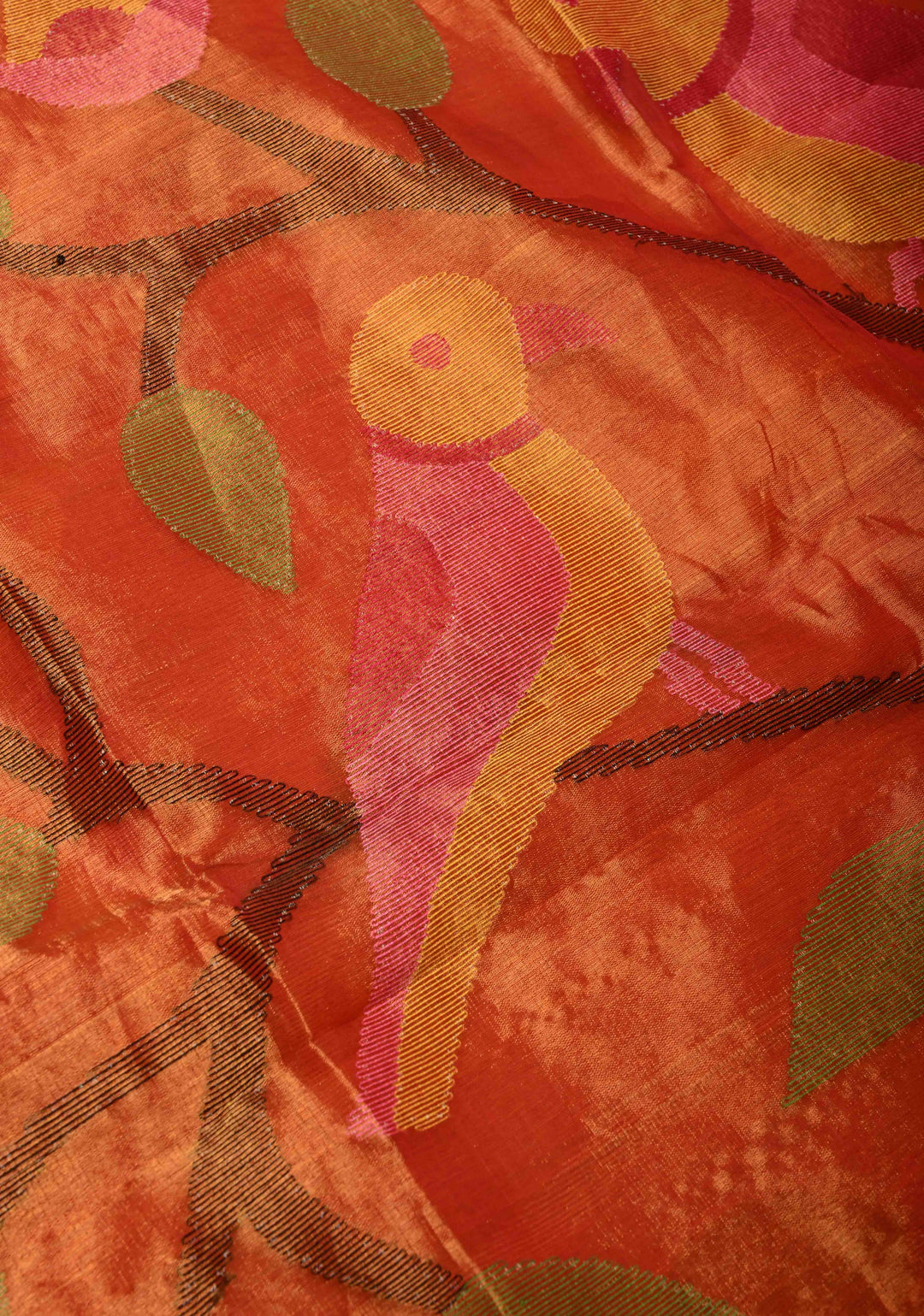 Orange Muslin Saree with Hand Meenakari Jamdani Work and Paithani Style Pallu