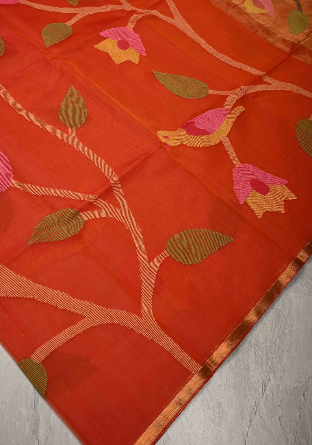 Orange Muslin Saree with Hand Meenakari Jamdani Work and Paithani Style Pallu