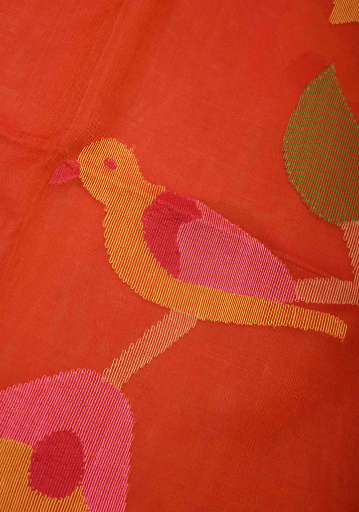 Orange Muslin Saree with Hand Meenakari Jamdani Work and Paithani Style Pallu