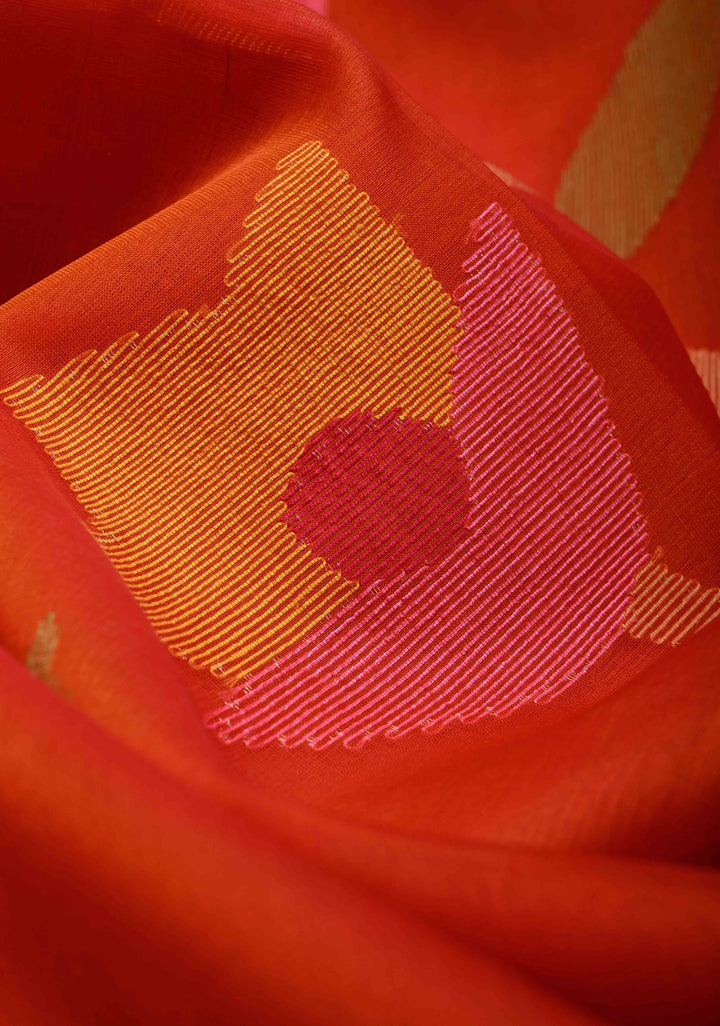 Orange Muslin Saree with Hand Meenakari Jamdani Work and Paithani Style Pallu