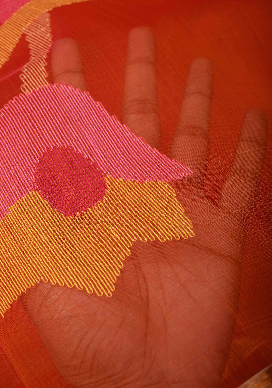 Orange Muslin Saree with Hand Meenakari Jamdani Work and Paithani Style Pallu