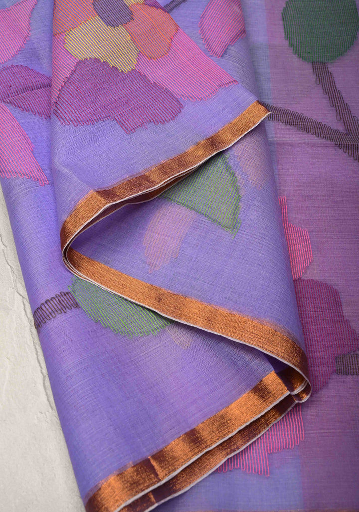 Periwinkle Mercerized Cotton Tissue Saree with Hand Jamdani Work and Minimal Tissue Border