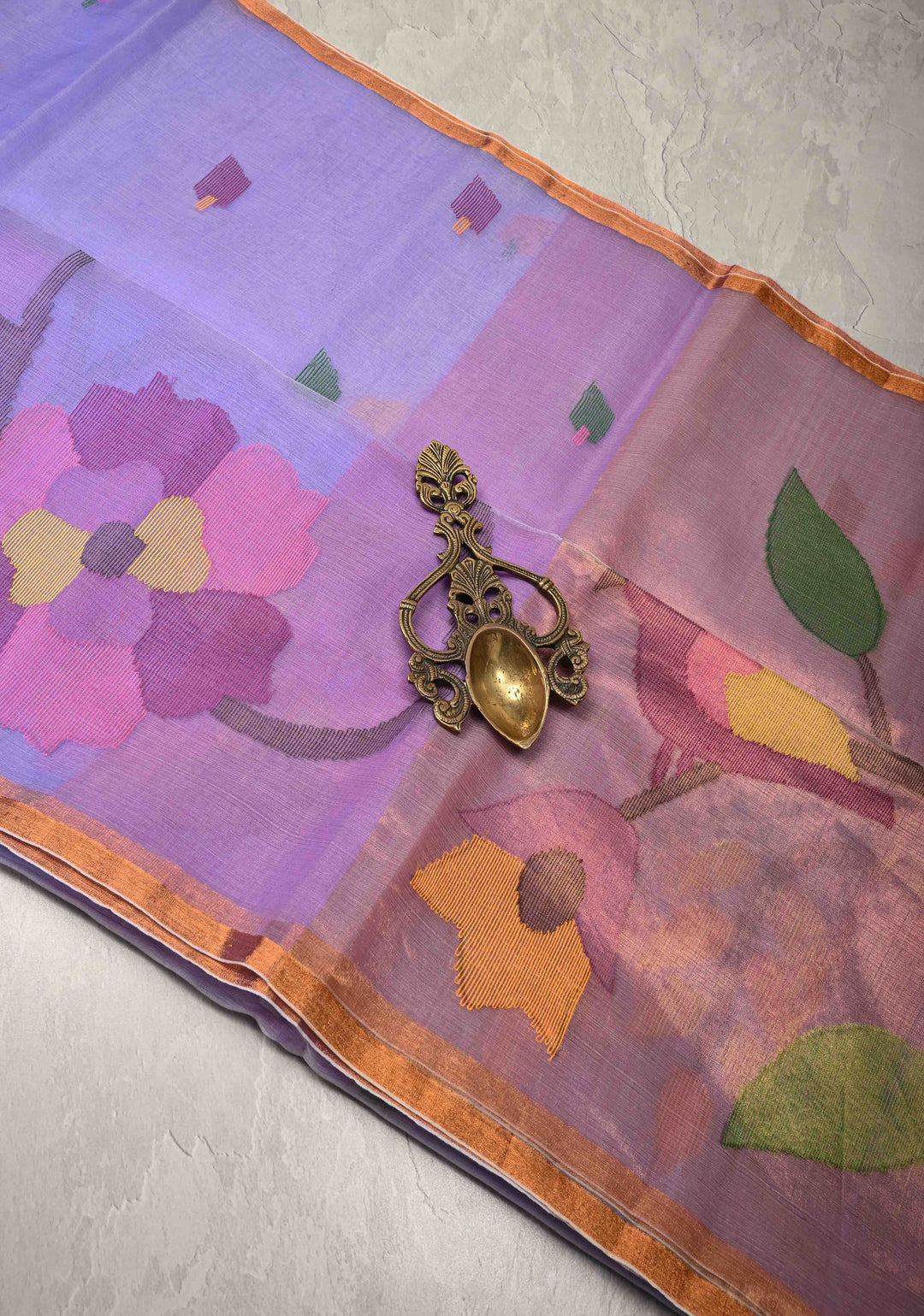Periwinkle Mercerized Cotton Tissue Saree with Hand Jamdani Work and Minimal Tissue Border