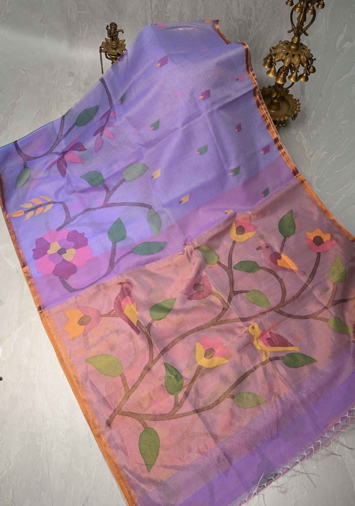 Periwinkle Mercerized Cotton Tissue Saree with Hand Jamdani Work and Minimal Tissue Border