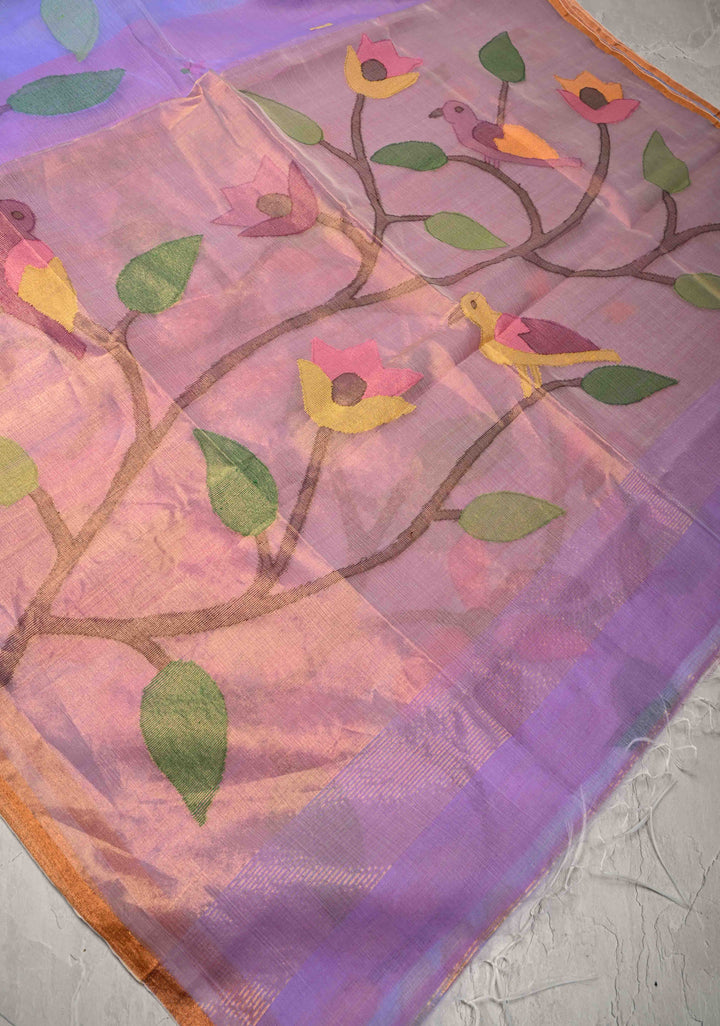 Periwinkle Mercerized Cotton Tissue Saree with Hand Jamdani Work and Minimal Tissue Border